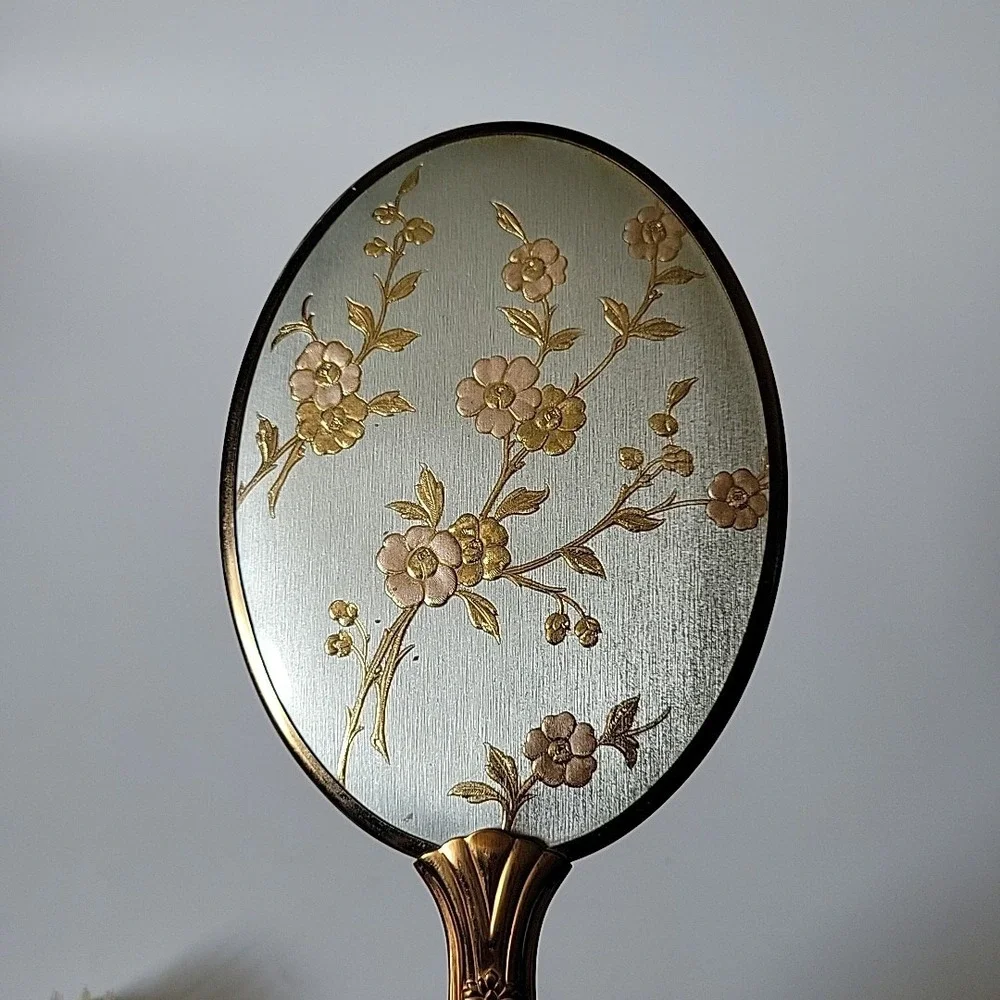 Vintage Handheld Vanity Mirror Brush Set Brass Handle Ornate Floral‎ Art Deco